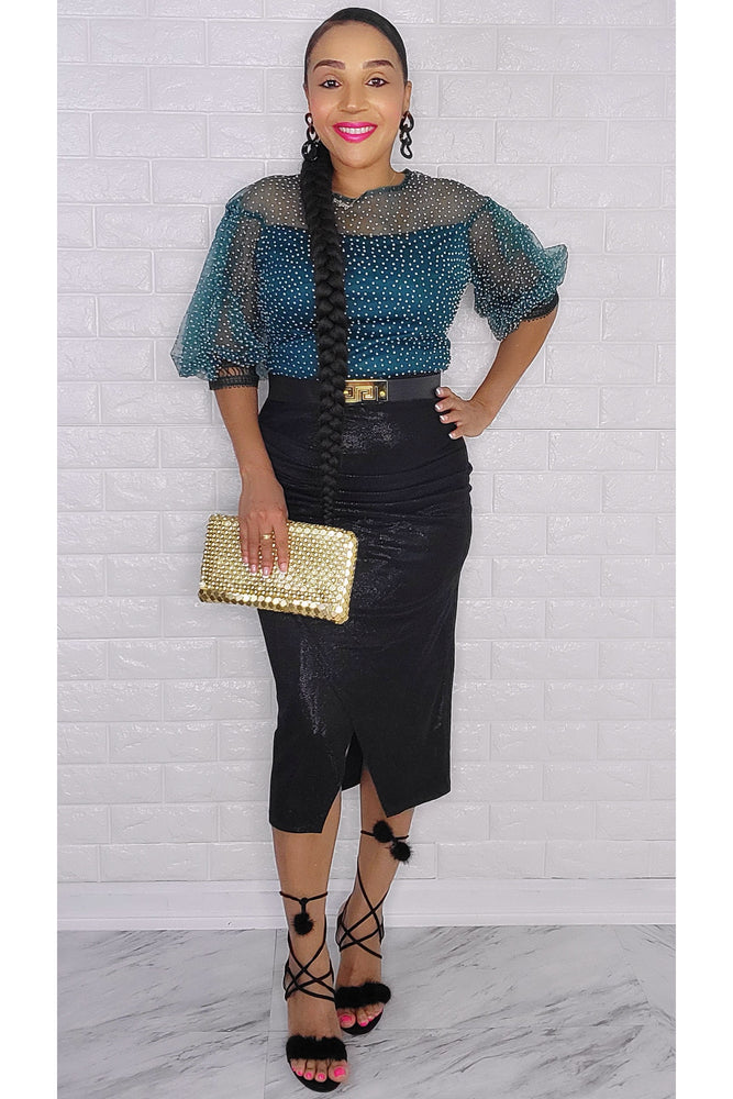 112222 Emerald Green Polka Dot Print Midi Dress