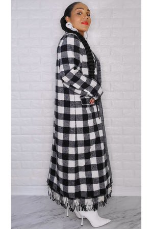 111922 Black and White Contrast Plaid Color Block Fringe Coat