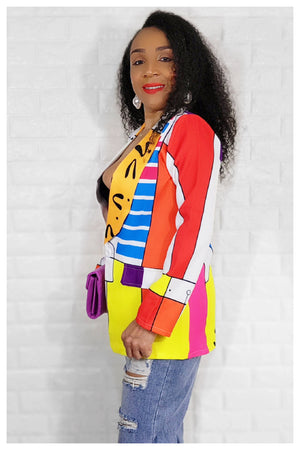 03072022 Yellow/Pink Multi Print Elegance One Button Blazer