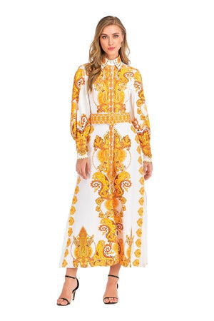 10052021 White & Gold Multi Print Long Sleeves Dress