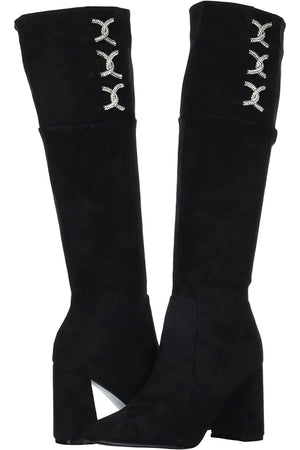 01102022 Black Looped Rhinestone Knee High Boot