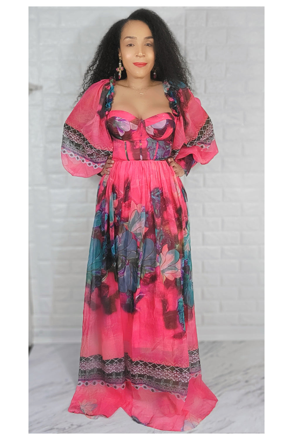 03272022 Pink Floral Print Ballon Long Sleeve Maxi Dress
