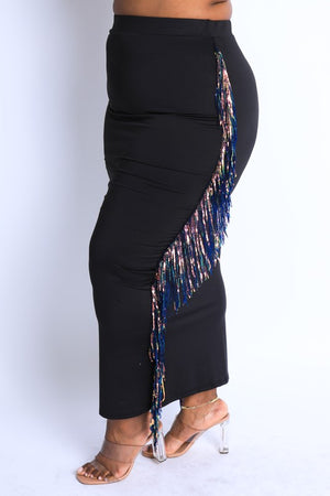 11122021 Black Sequins Fringe Maxi Skirt