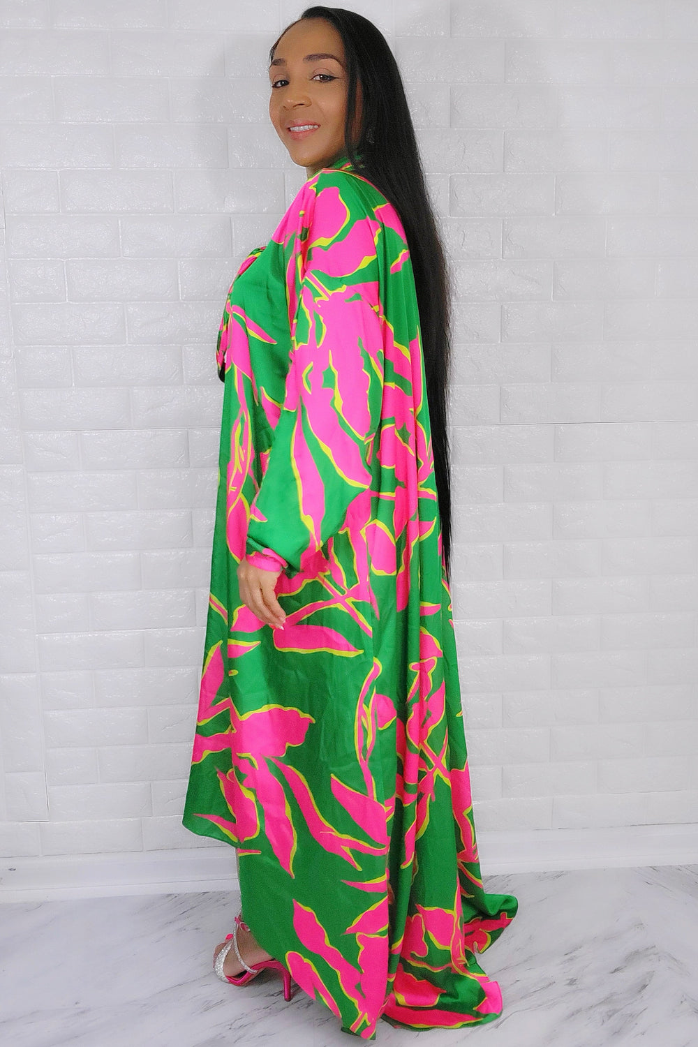 05182022 Green & Pink High Low Oversized Long Sleeve Dress