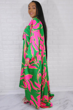 05182022 Green & Pink High Low Oversized Long Sleeve Dress