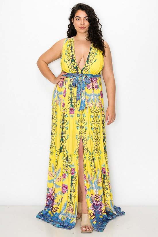 05132022 Yellow Rayon Boil Border V Neck Maxi Dress