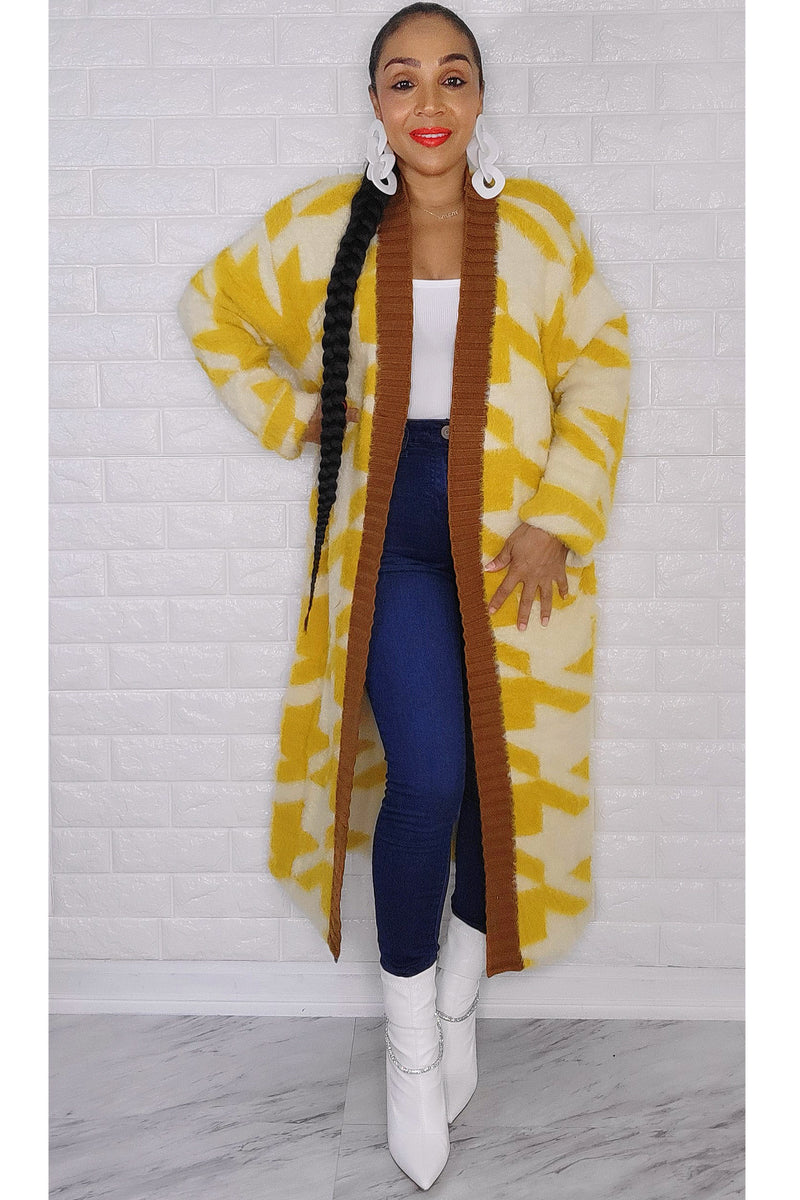 111022 Yellow/Contrast Hem Houndstooth Oversized Fuzzy Open Cardigan