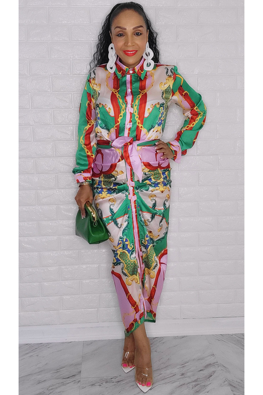 100122 Green Satin Multi Print Midi Dress