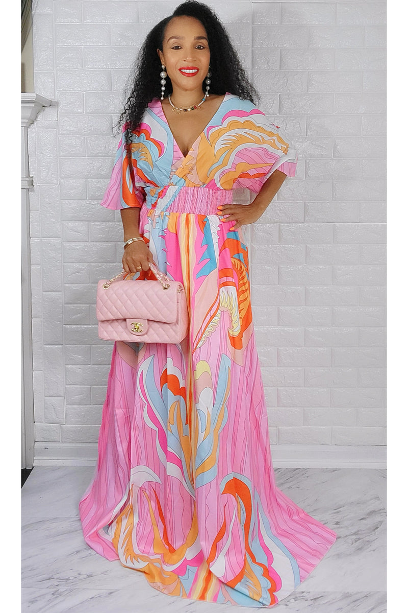 060322 Pink Multi Short sleeve floral maxi dress