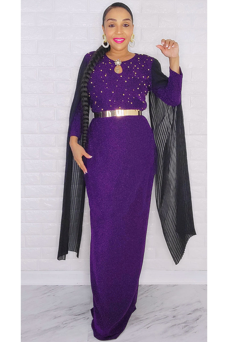 110522  Miss Extra Long Sheer Sleeve Purple Dress