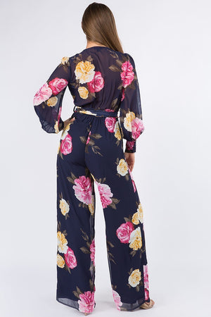 Navy Florals Chiffon Faux Wrap Long Sleeves Palazzo Jumpsuit