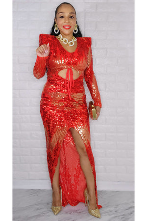 121022  Red Sequin Long Sleeve Maxi Dress
