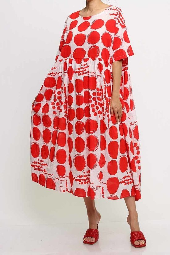 White/Red Polka Dot 1/2 Sleeve Midi Overflow Dress ONE SIZE FIT ALL(S to 2XL)