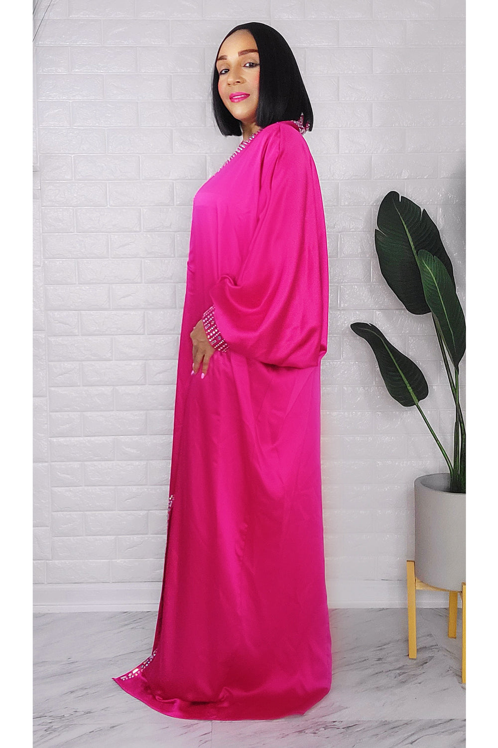 032223 The Fuschia V Crystal Neckline Maxi Dress