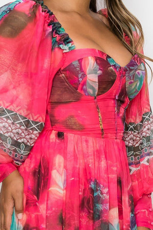 03272022 Pink Floral Print Ballon Long Sleeve Maxi Dress