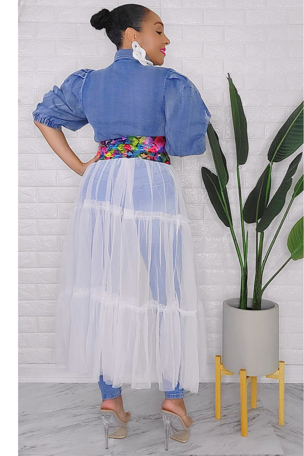 020223 Denim Top Button-Down Collar Puff Shoulder w Mesh Tiered Ruffles Detail