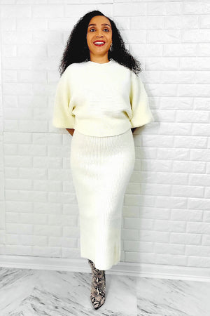 01182021 Creamy Wonderland Long Sleeve Solid Crop Top & Slit Skirt Set