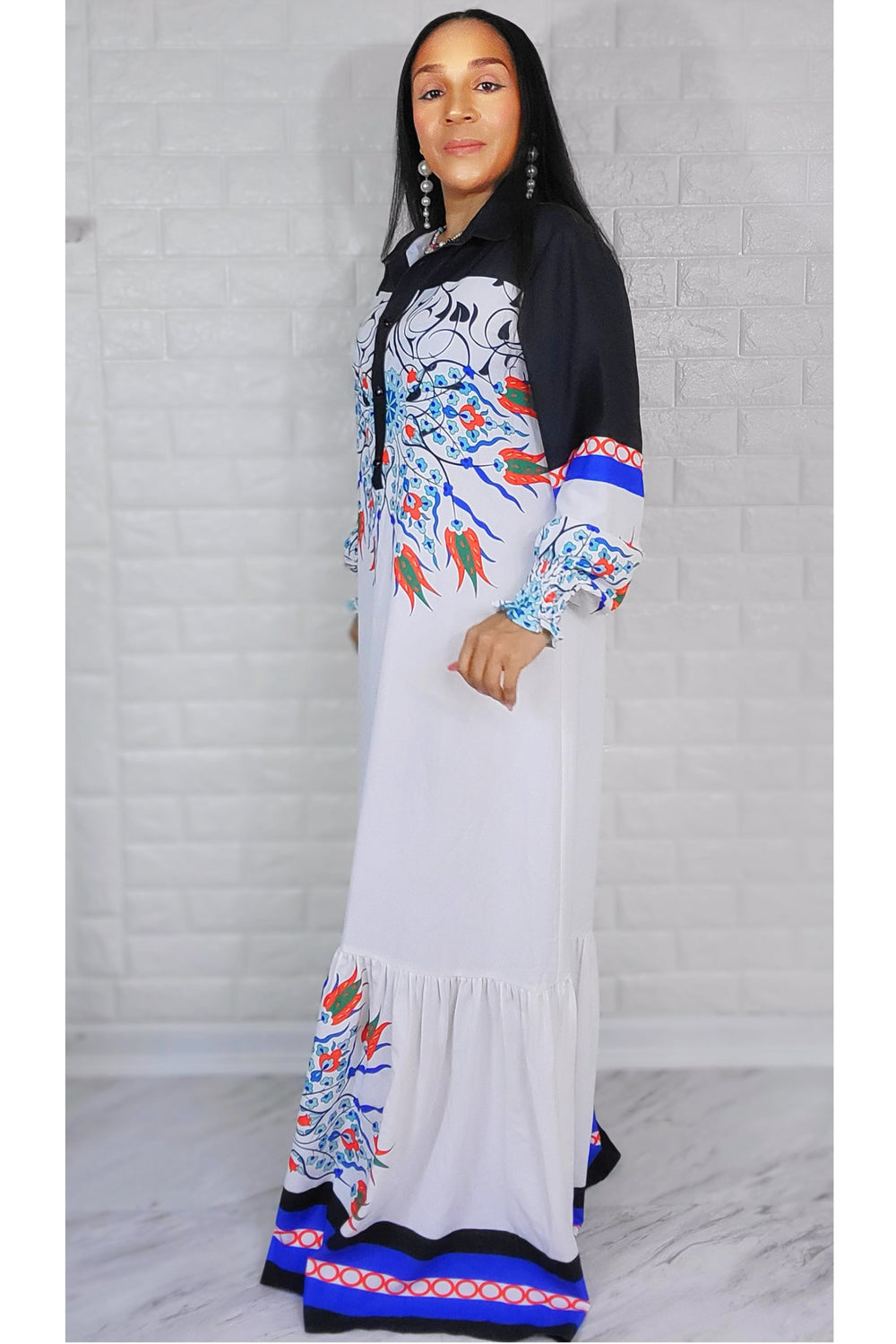 011123 My Lovely White with Florals Pattern Long Sleeve Maxi Dress