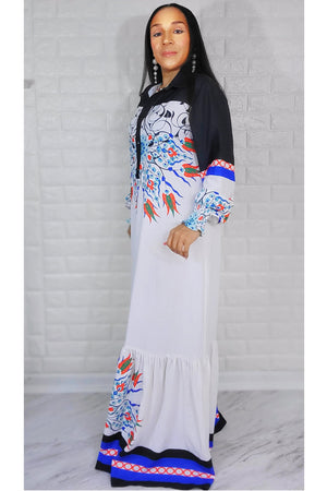 011123 My Lovely White with Florals Pattern Long Sleeve Maxi Dress