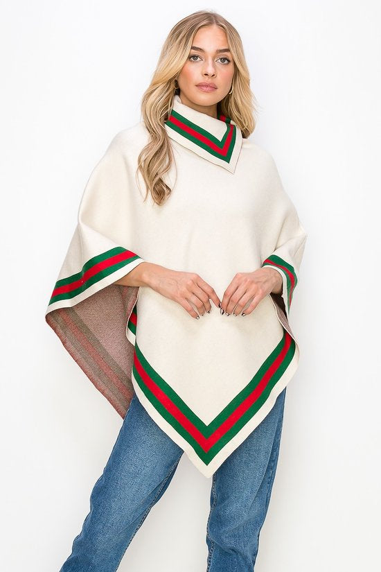 102622 The Ivory Knitted Poncho with Side Color One Size Fit All