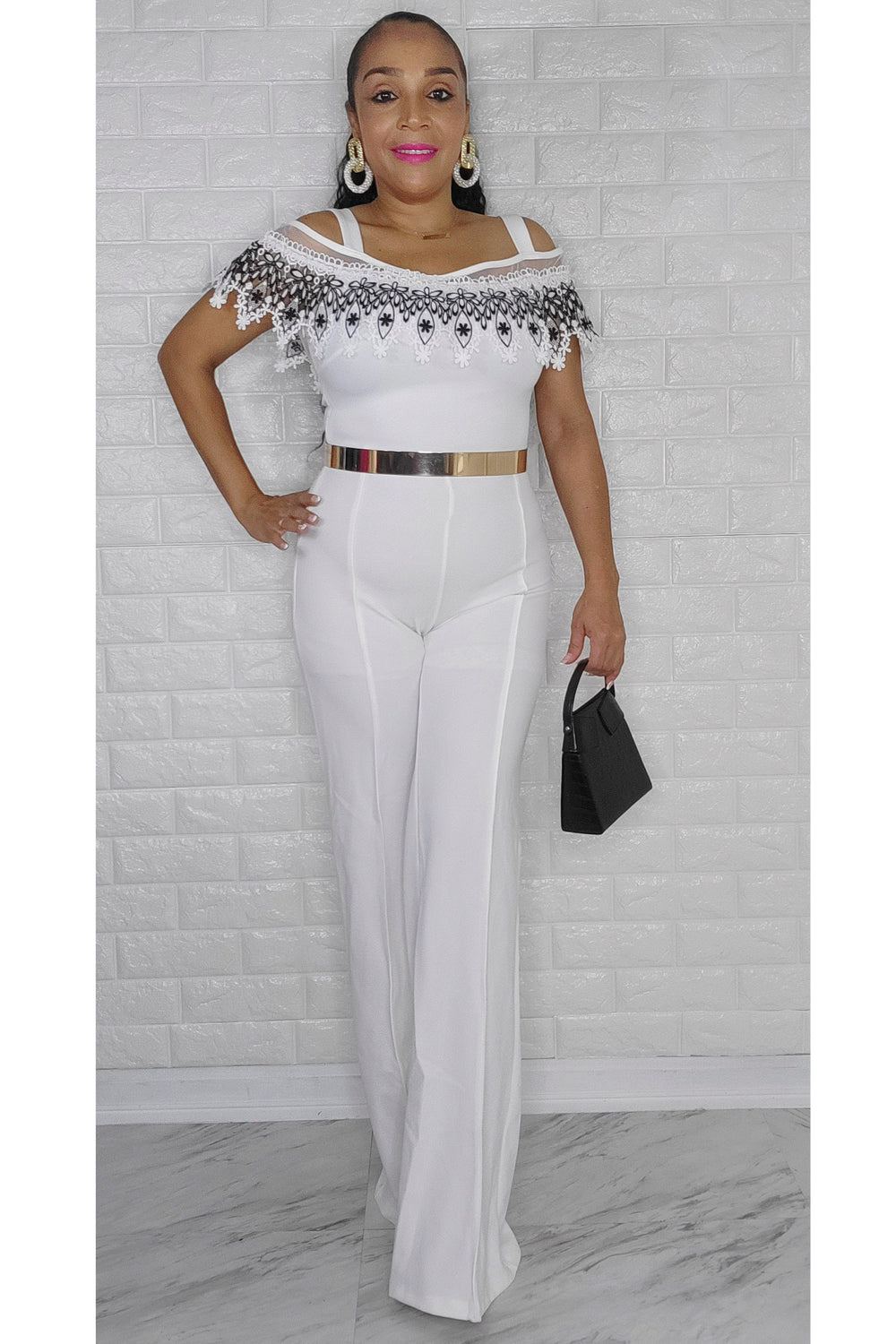 121822 The White With the Black Lace Off the Shoulder Jumpsuit