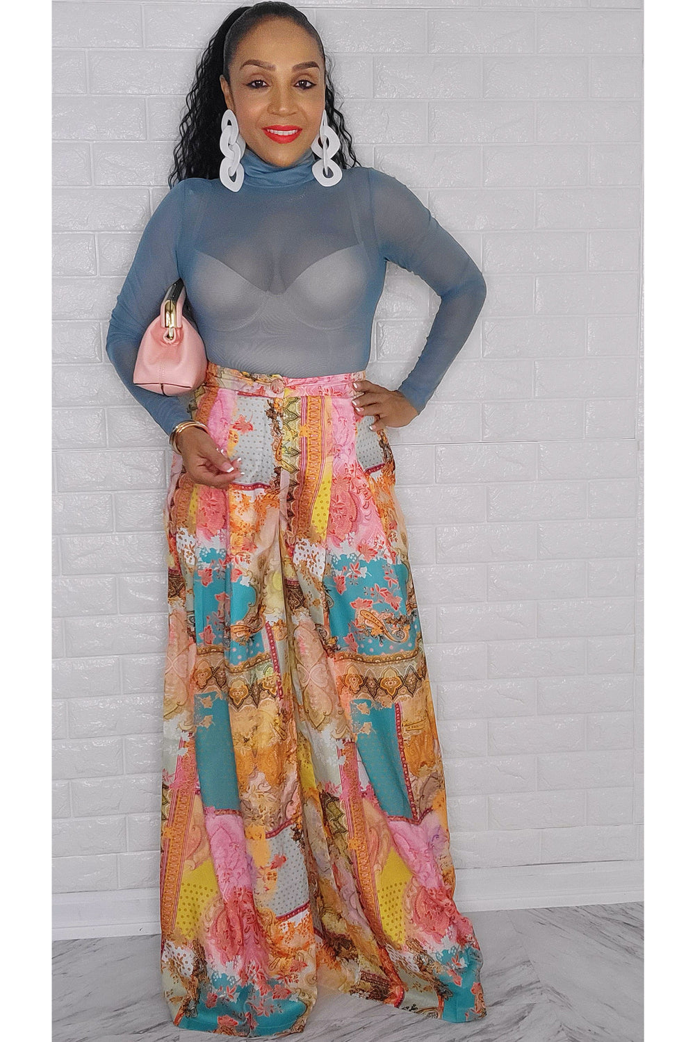100422 The Pink Multi Printed High Waist Wide Legged Pant.