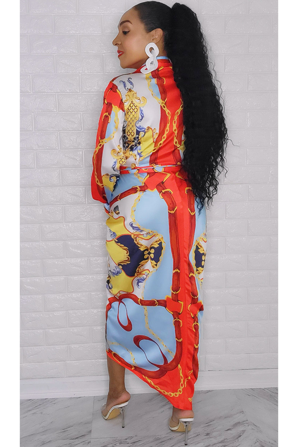 100122  Red Satin Multi Print Midi Dress