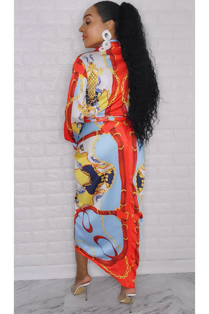 100122  Red Satin Multi Print Midi Dress