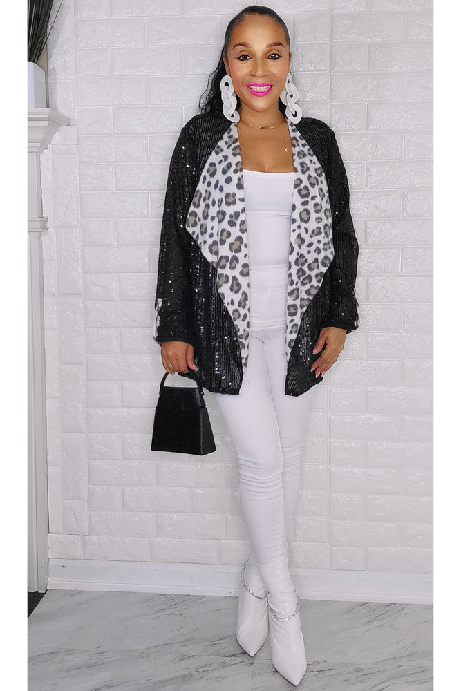 121622 Black Leopard Contrast Sequins Cardigan