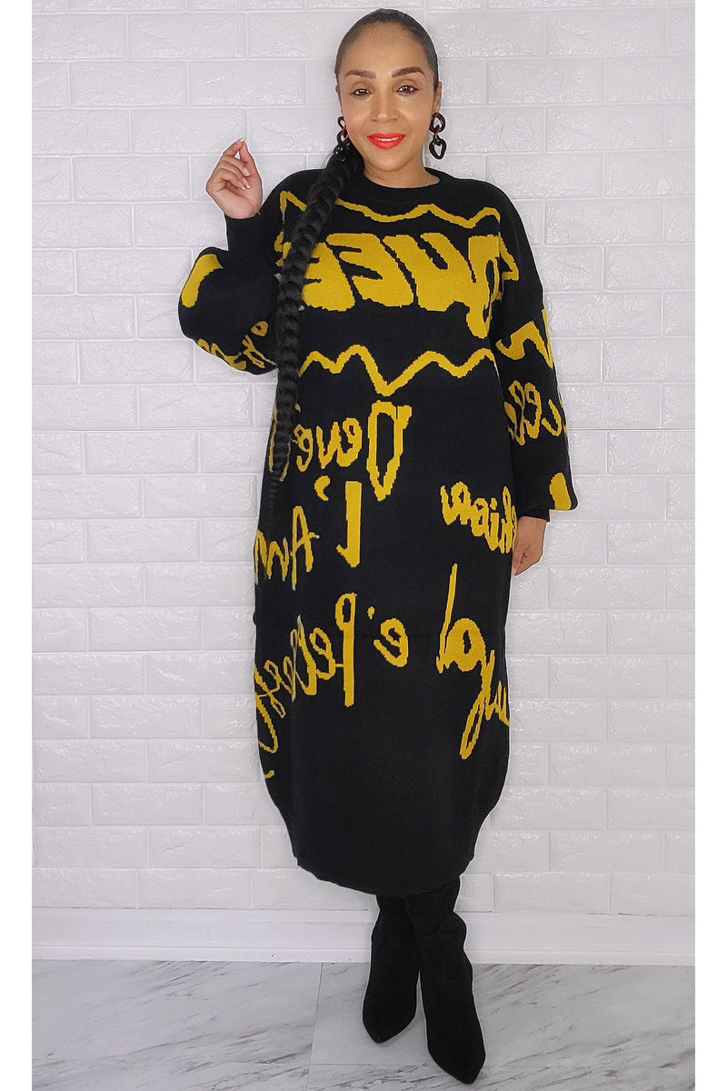 112022 Black and Yellow Print One Size Fit all Sweater Dress/Top