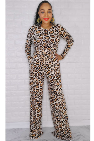 101922 The leopard Two pieces Crop Top & Pant Set