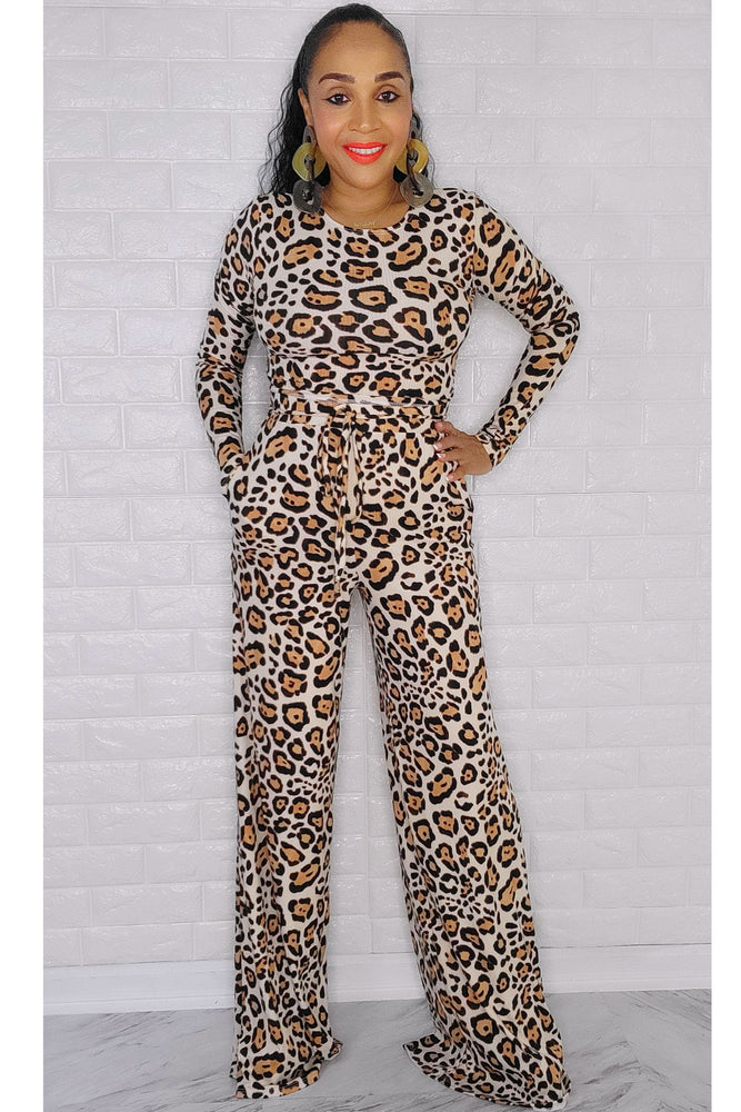 101922 The leopard Two pieces Crop Top & Pant Set