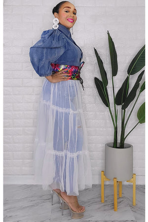 020223 Denim Top Button-Down Collar Puff Shoulder w Mesh Tiered Ruffles Detail