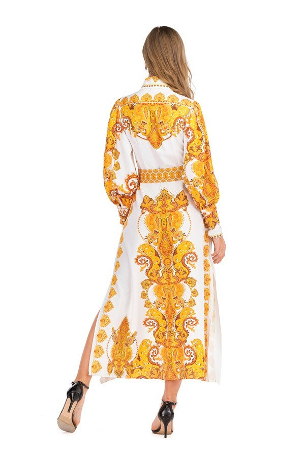 10052021 White & Gold Multi Print Long Sleeves Dress