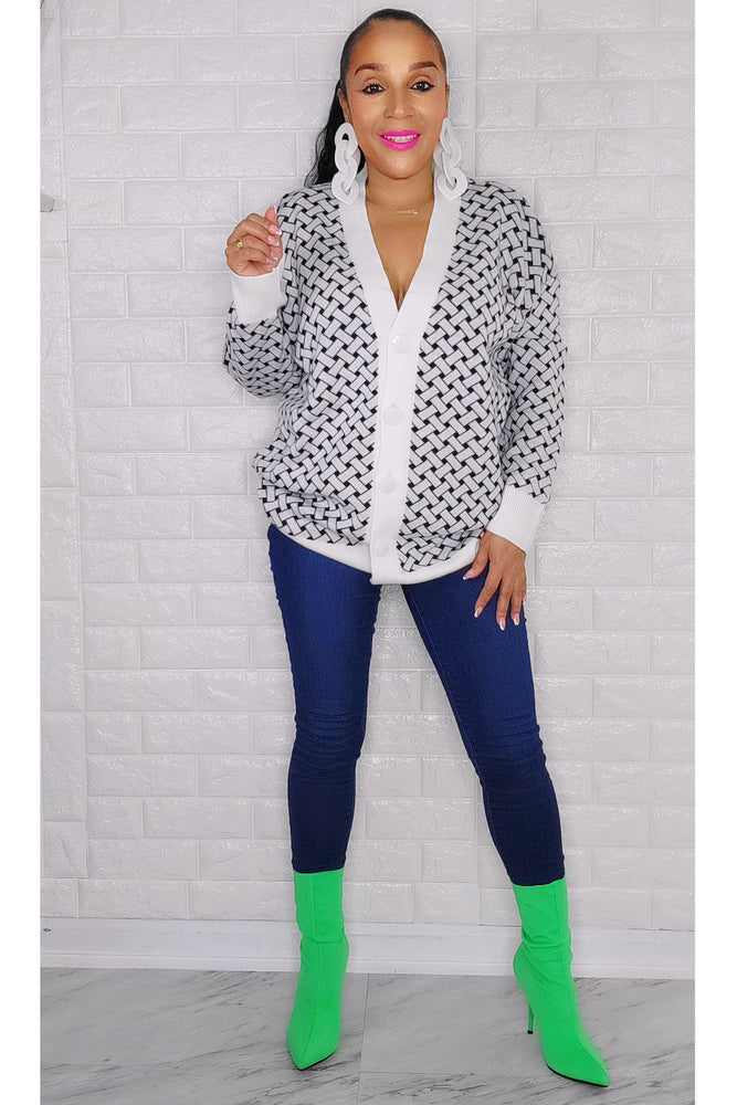 011023 White/Black Print Front Button Down Sweater One Size Fit All