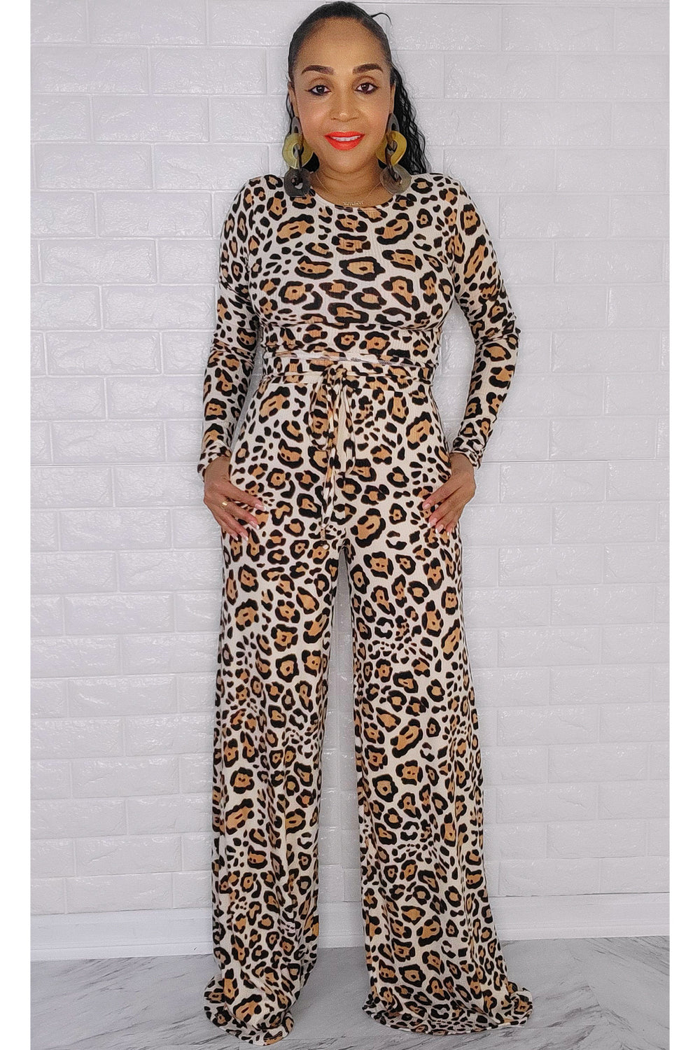101922 The leopard Two pieces Crop Top & Pant Set