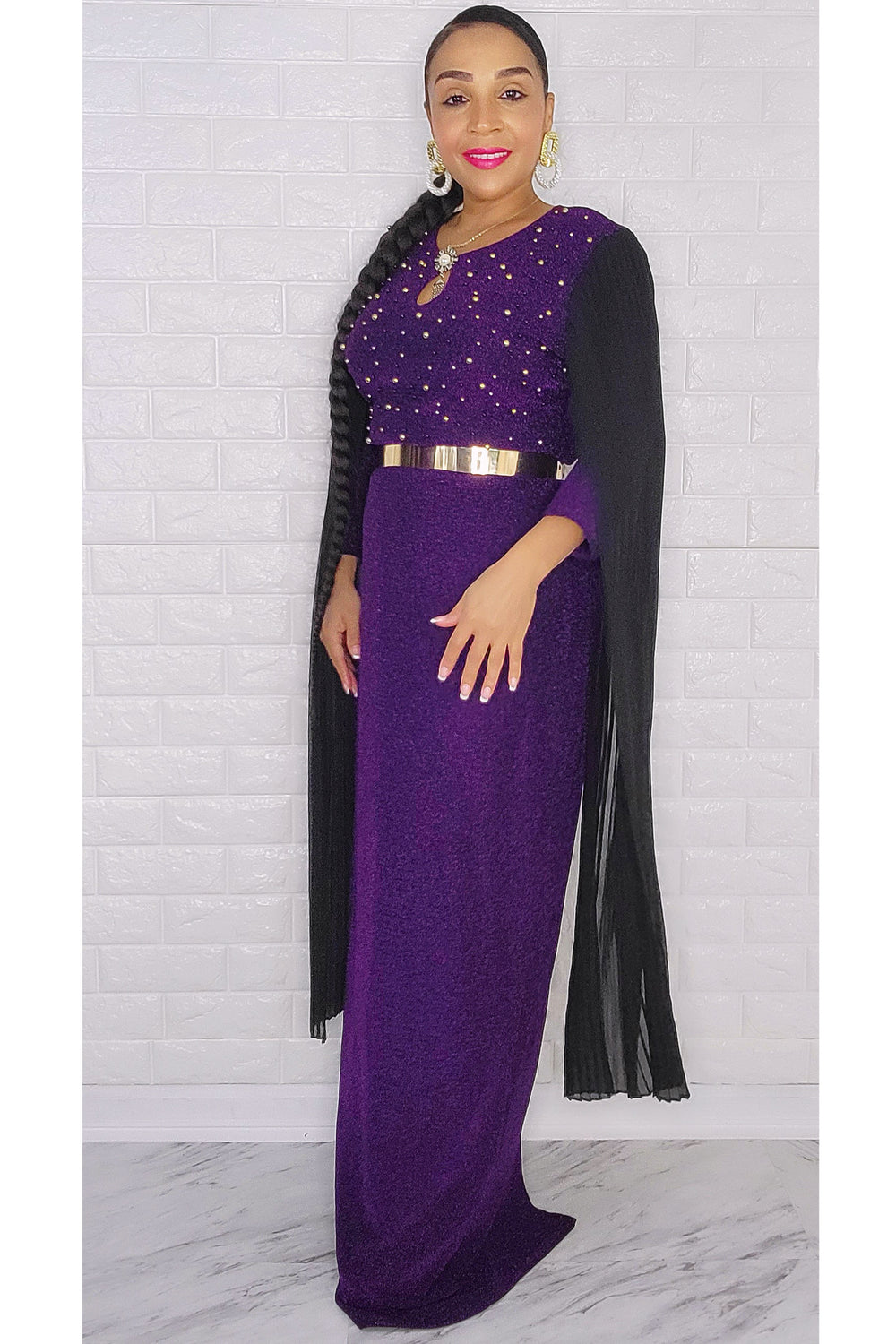 110522  Miss Extra Long Sheer Sleeve Purple Dress