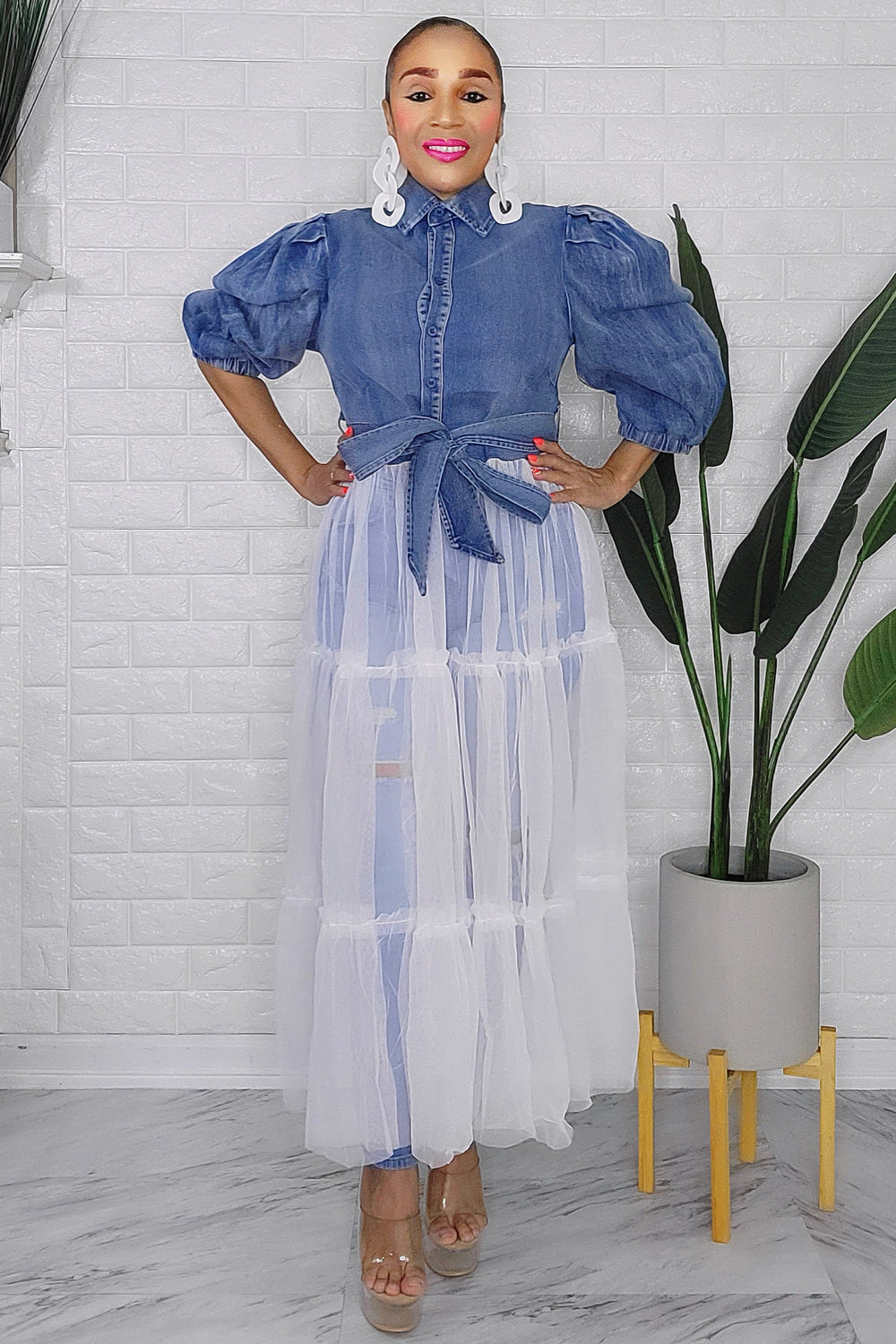 020223 Denim Top Button-Down Collar Puff Shoulder w Mesh Tiered Ruffles Detail