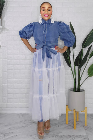 020223 Denim Top Button-Down Collar Puff Shoulder w Mesh Tiered Ruffles Detail