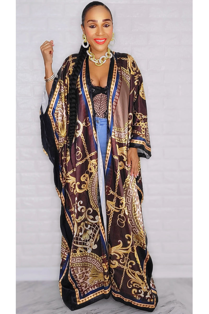 031723 Brown Medallion Print One size fit all Satin Duster