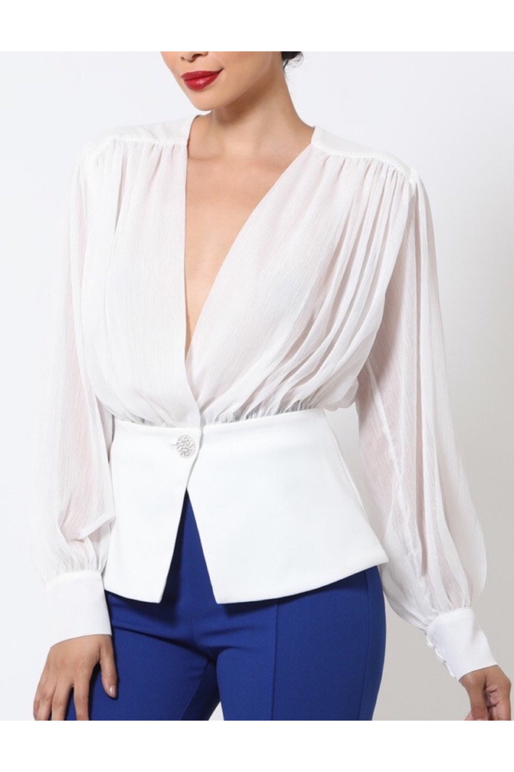 020923 White Classic Vintage Inspired Deep V One Button Blouse