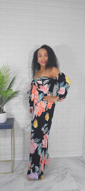 062922 Black/Orange Florals Jumpsuit