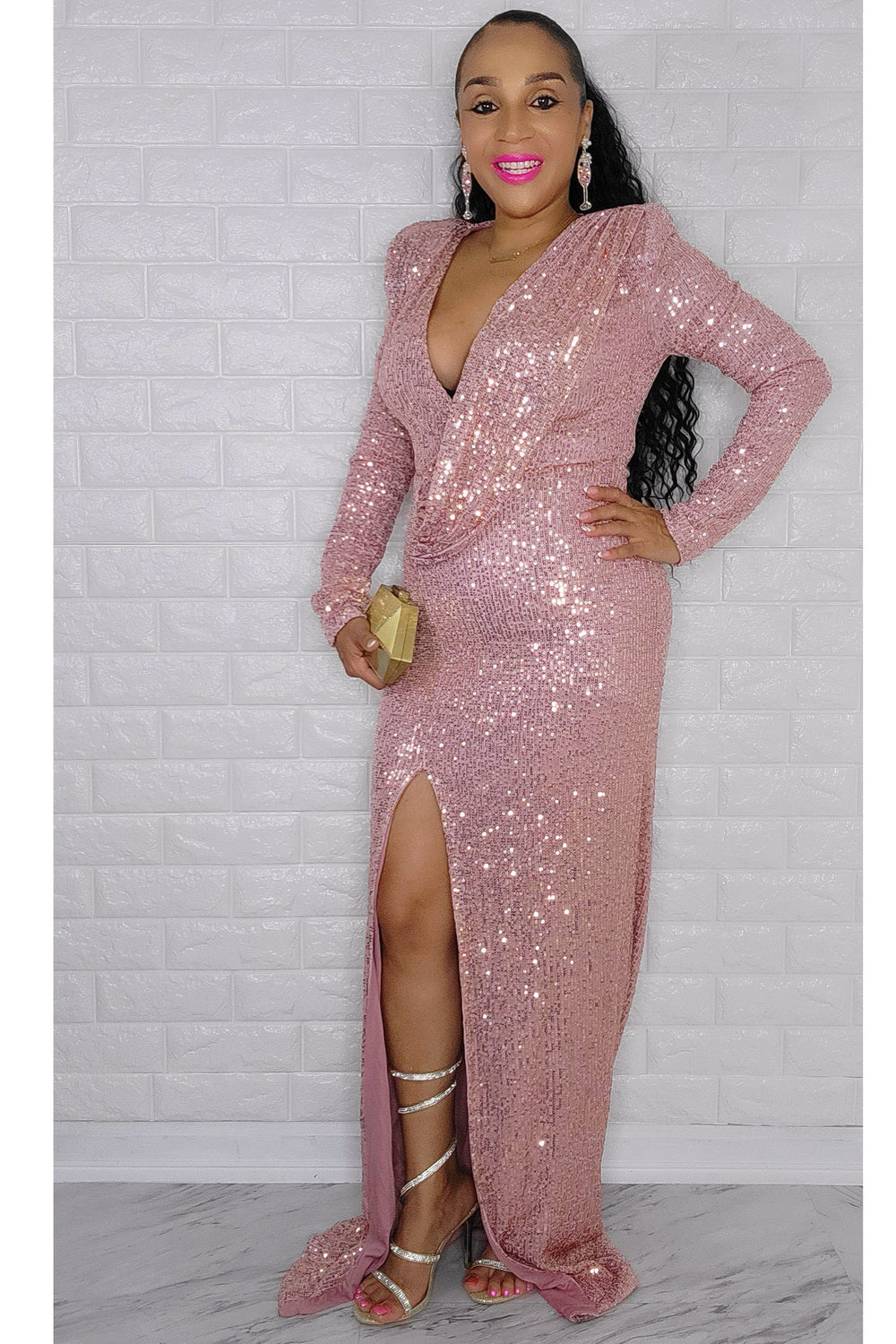 121422 Rose Gold Long sleeve solid color sequin dress