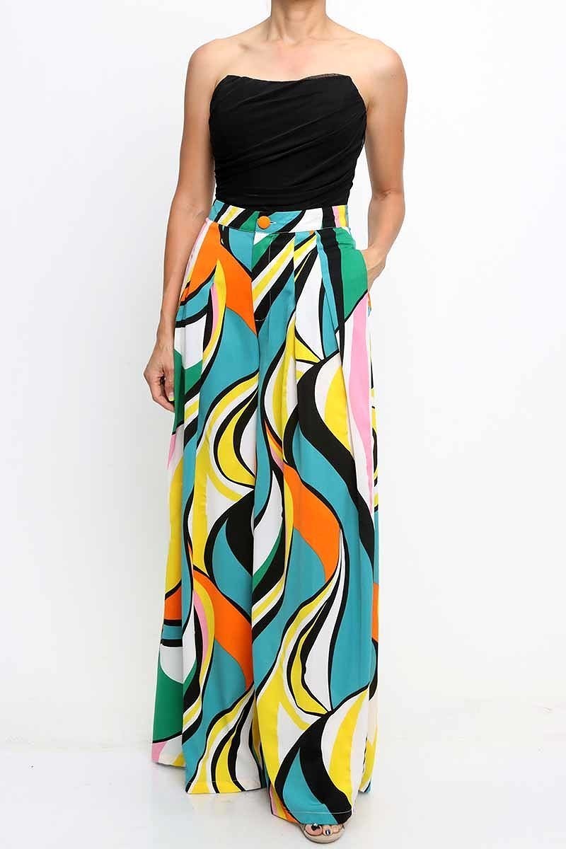 080422 Yellow/Teal Multi Colored Wide Legged Pants