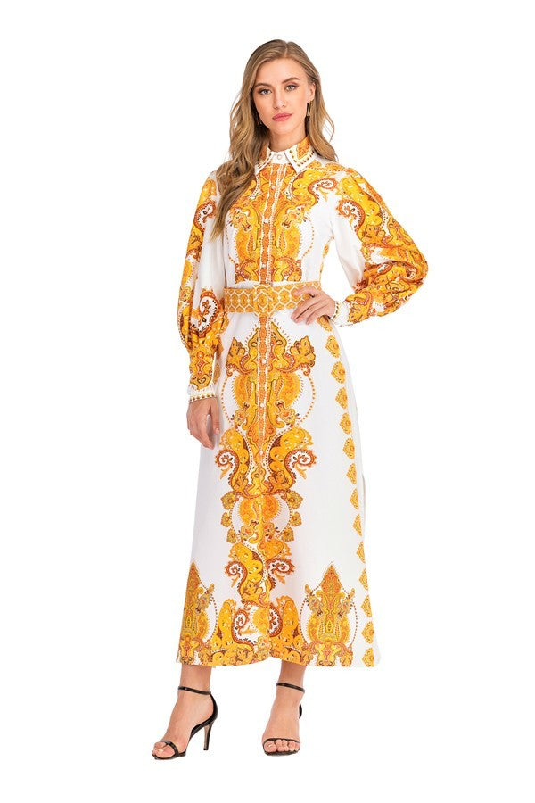 10052021 White & Gold Multi Print Long Sleeves Dress