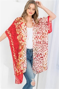 03242022 RED MULTI PATTERN LEOPARD PRINT OPEN FRONT KIMONO