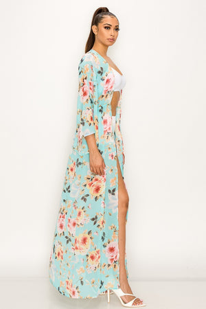 Aqua Floral Print Tie-Front Duster