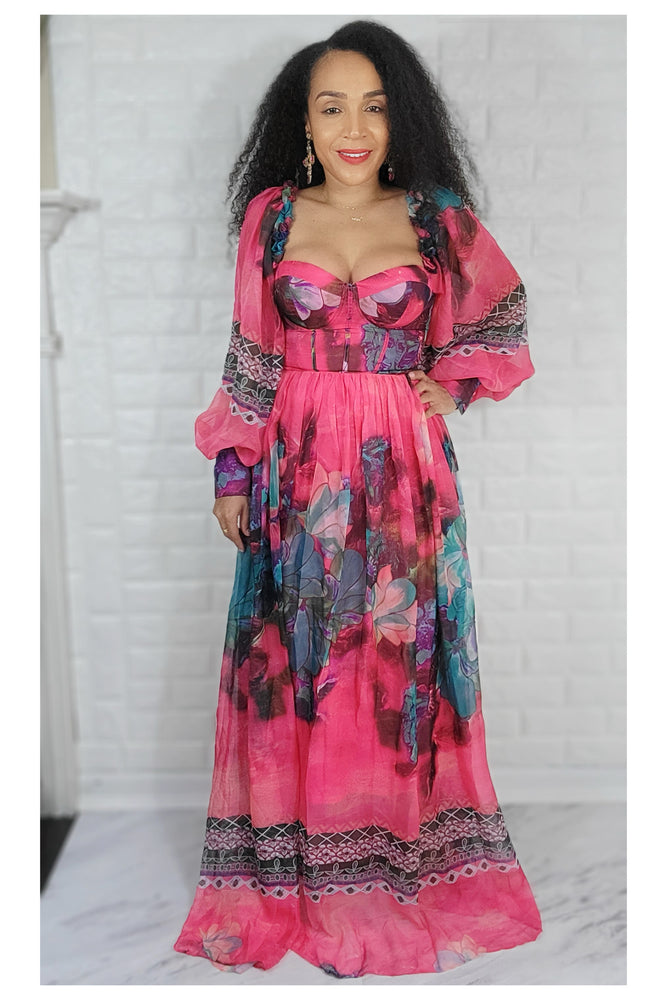 03272022 Pink Floral Print Ballon Long Sleeve Maxi Dress