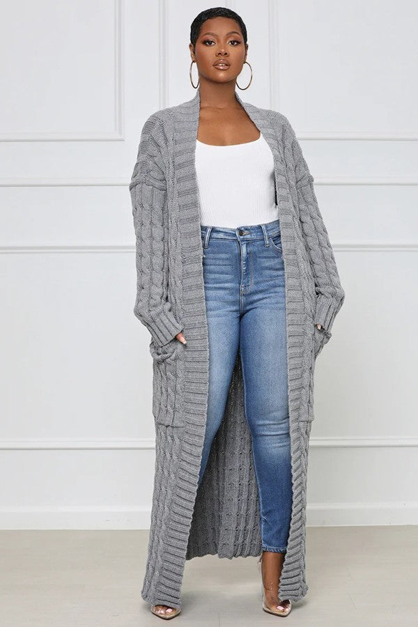 011923 Gray Chunky Cable Knitted Super Long Maxi Cardigan