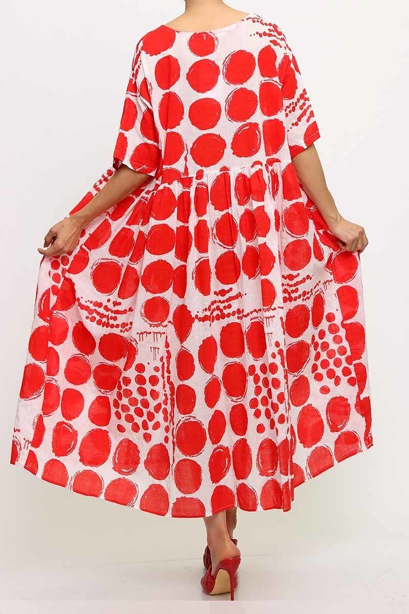 White/Red Polka Dot 1/2 Sleeve Midi Overflow Dress ONE SIZE FIT ALL(S to 2XL)